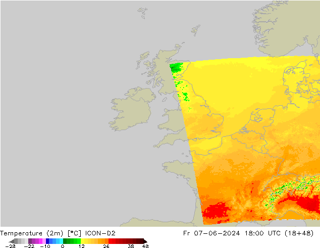 карта температуры ICON-D2 пт 07.06.2024 18 UTC