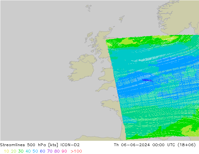 Línea de corriente 500 hPa ICON-D2 jue 06.06.2024 00 UTC