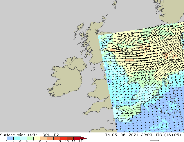 Surface wind (bft) ICON-D2 Th 06.06.2024 00 UTC