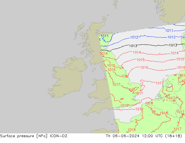 Presión superficial ICON-D2 jue 06.06.2024 12 UTC