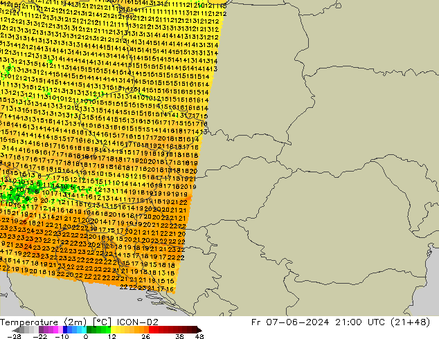 Temperature (2m) ICON-D2 Fr 07.06.2024 21 UTC