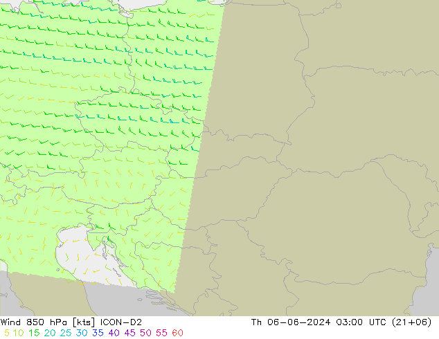 Wind 850 hPa ICON-D2 Čt 06.06.2024 03 UTC