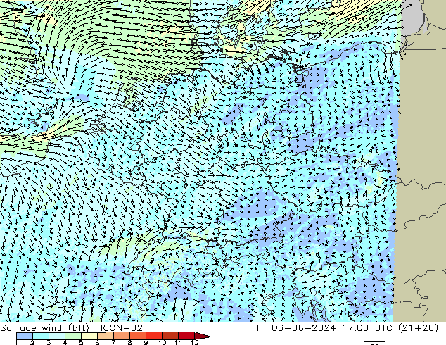 Vent 10 m (bft) ICON-D2 jeu 06.06.2024 17 UTC