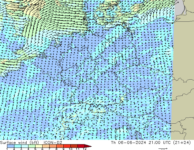 Surface wind (bft) ICON-D2 Th 06.06.2024 21 UTC