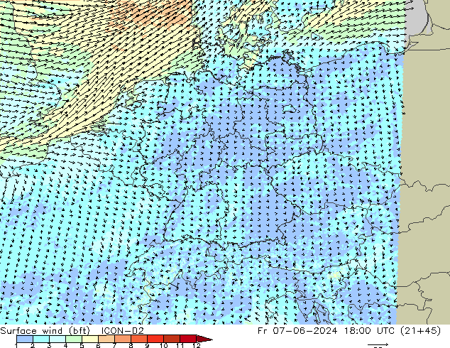 Surface wind (bft) ICON-D2 Fr 07.06.2024 18 UTC