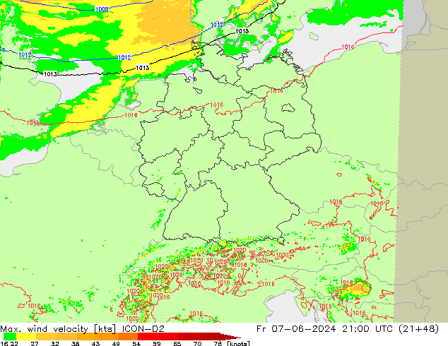 Max. wind snelheid ICON-D2 vr 07.06.2024 21 UTC