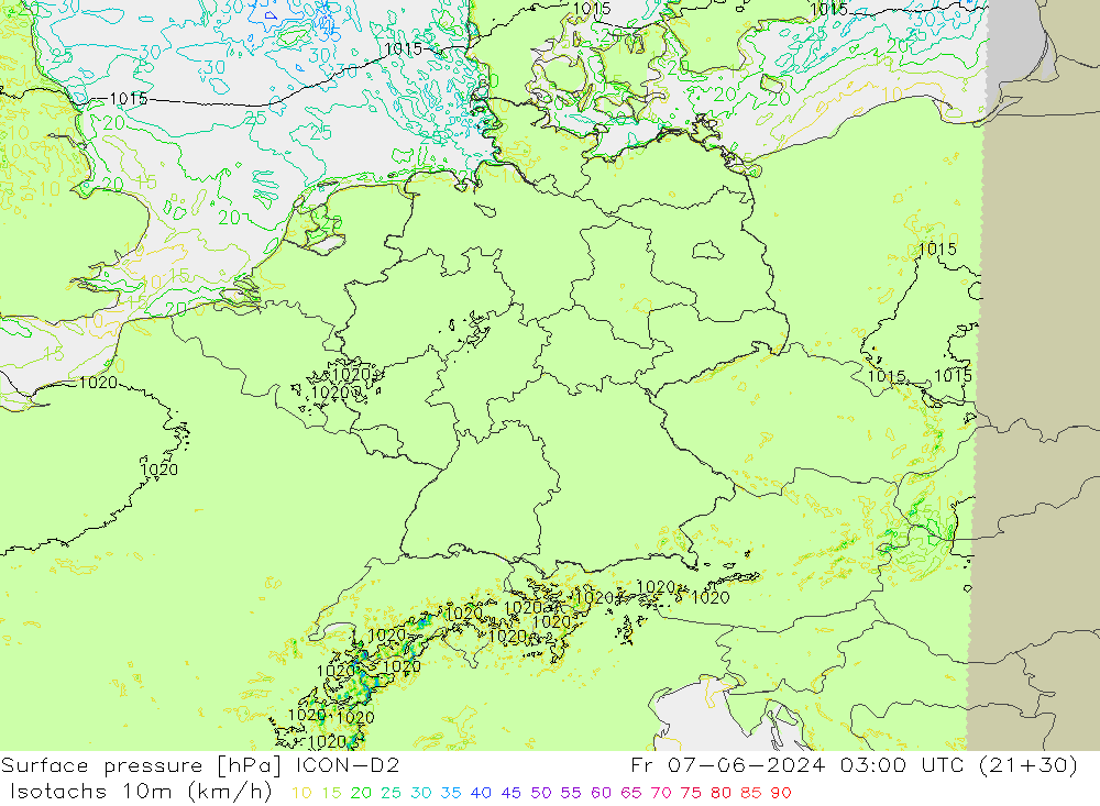 Isotachs (kph) ICON-D2 Sex 07.06.2024 03 UTC