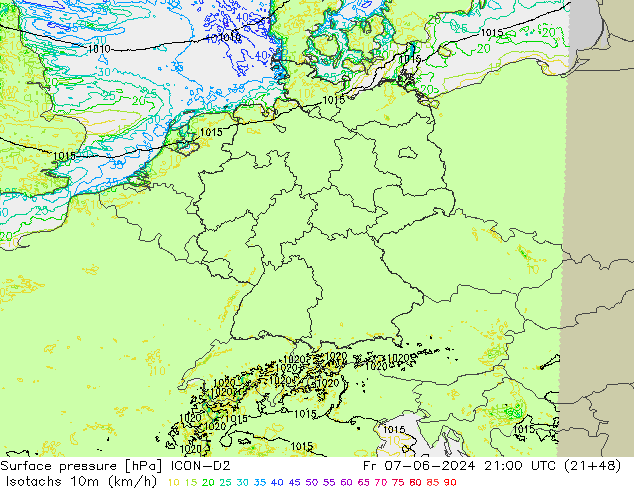 Isotachs (kph) ICON-D2 Pá 07.06.2024 21 UTC