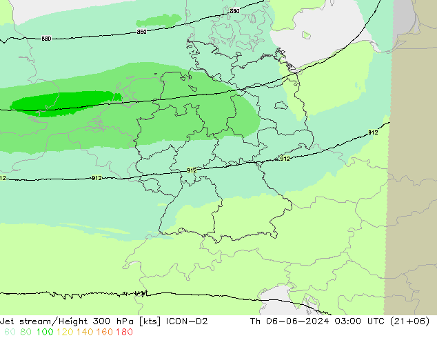 Corriente en chorro ICON-D2 jue 06.06.2024 03 UTC