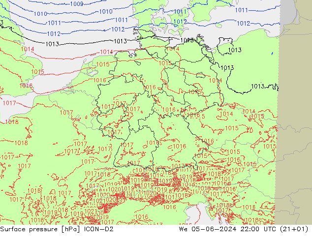 Surface pressure ICON-D2 We 05.06.2024 22 UTC