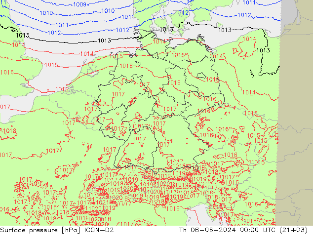 Surface pressure ICON-D2 Th 06.06.2024 00 UTC