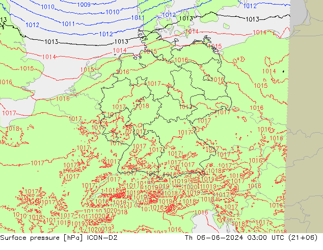 Pressione al suolo ICON-D2 gio 06.06.2024 03 UTC