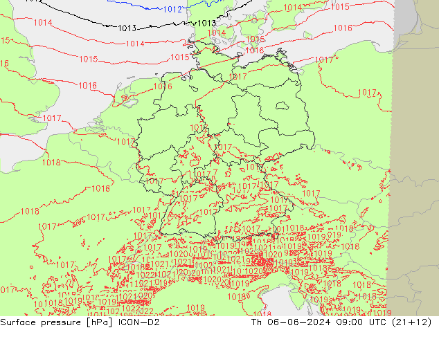 Atmosférický tlak ICON-D2 Čt 06.06.2024 09 UTC