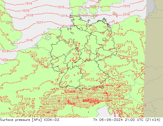 Surface pressure ICON-D2 Th 06.06.2024 21 UTC