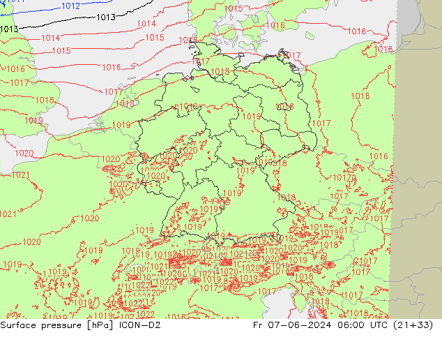 Presión superficial ICON-D2 vie 07.06.2024 06 UTC