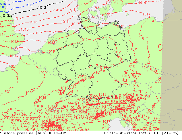 Atmosférický tlak ICON-D2 Pá 07.06.2024 09 UTC