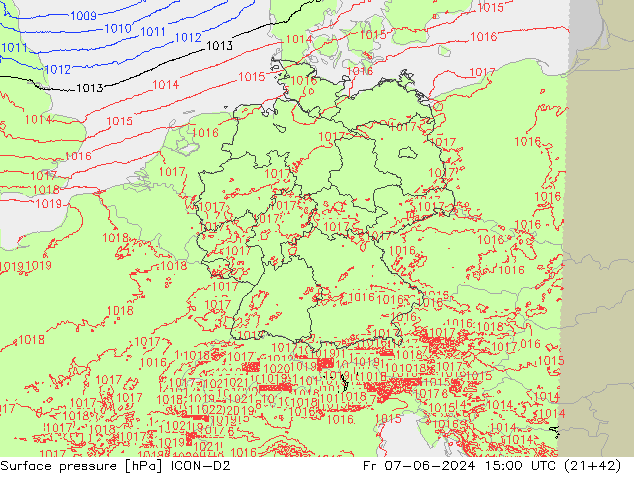 Presión superficial ICON-D2 vie 07.06.2024 15 UTC