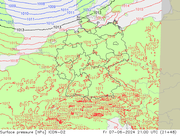 pressão do solo ICON-D2 Sex 07.06.2024 21 UTC