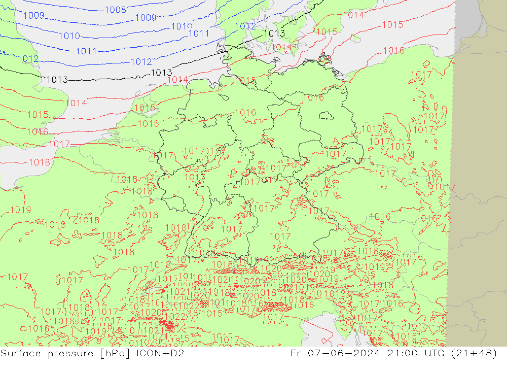 Luchtdruk (Grond) ICON-D2 vr 07.06.2024 21 UTC