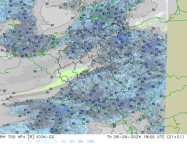 Humidité rel. 700 hPa ICON-D2 jeu 06.06.2024 18 UTC