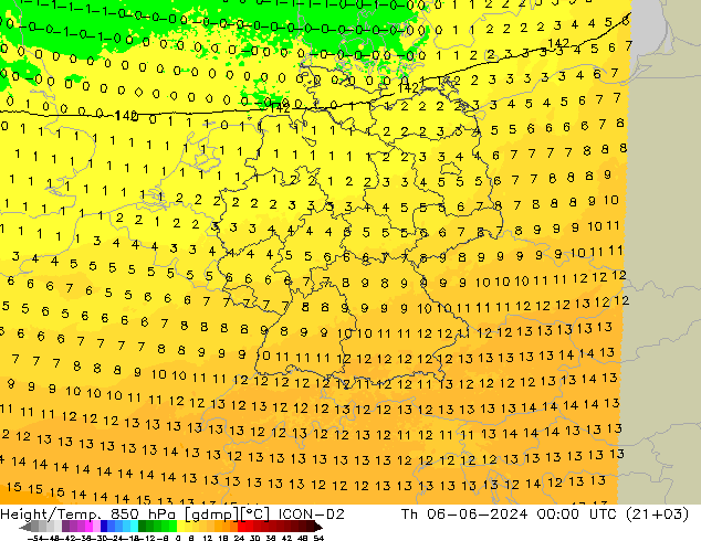 Height/Temp. 850 гПа ICON-D2 чт 06.06.2024 00 UTC