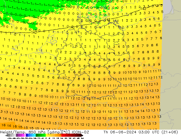 Height/Temp. 850 hPa ICON-D2 Qui 06.06.2024 03 UTC