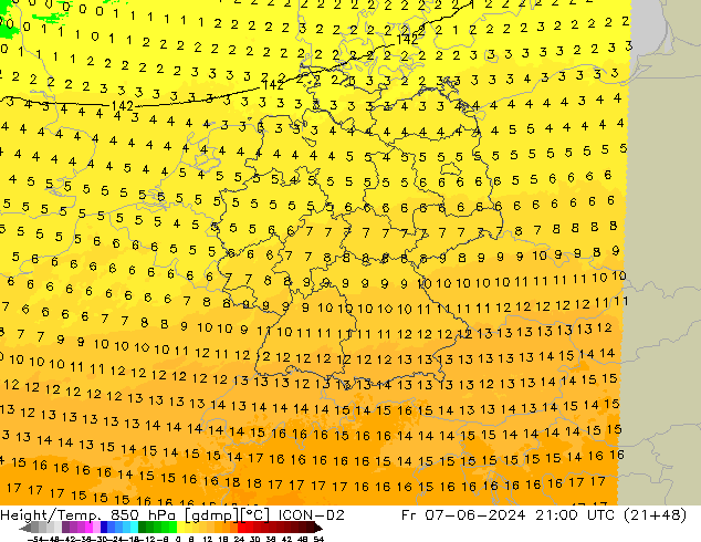 Height/Temp. 850 hPa ICON-D2 Fr 07.06.2024 21 UTC