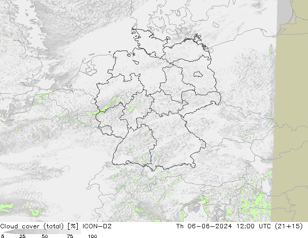 Nubes (total) ICON-D2 jue 06.06.2024 12 UTC