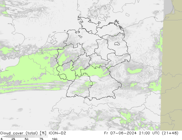 Cloud cover (total) ICON-D2 Fr 07.06.2024 21 UTC