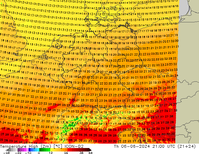 Temperature High (2m) ICON-D2 Th 06.06.2024 21 UTC