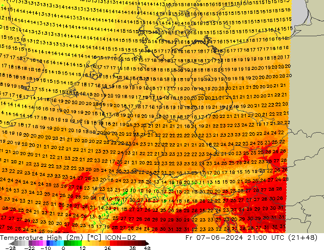 Темпер. макс 2т ICON-D2 пт 07.06.2024 21 UTC