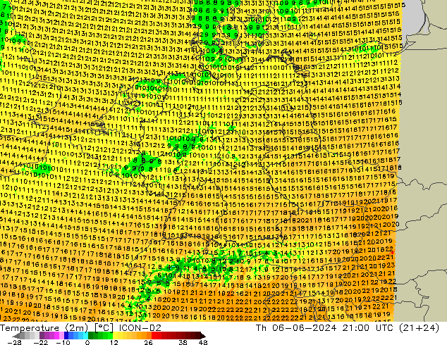 Temperature (2m) ICON-D2 Th 06.06.2024 21 UTC