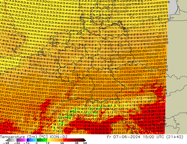 Temperature (2m) ICON-D2 Fr 07.06.2024 15 UTC