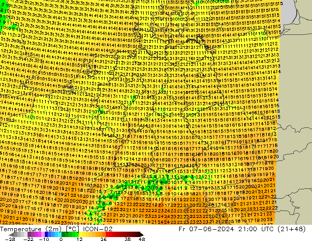 Temperature (2m) ICON-D2 Fr 07.06.2024 21 UTC