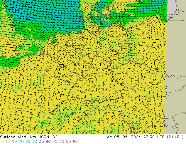 Viento 10 m ICON-D2 mié 05.06.2024 22 UTC