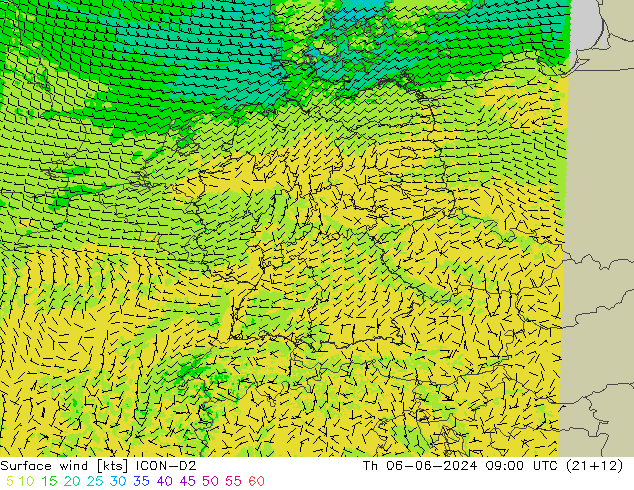 ветер 10 m ICON-D2 чт 06.06.2024 09 UTC