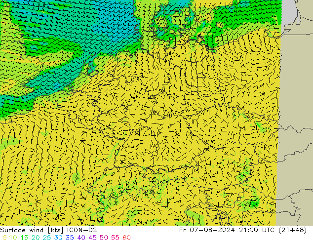 Surface wind ICON-D2 Fr 07.06.2024 21 UTC