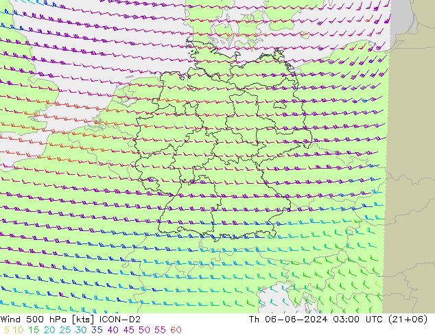 Wind 500 hPa ICON-D2 Do 06.06.2024 03 UTC