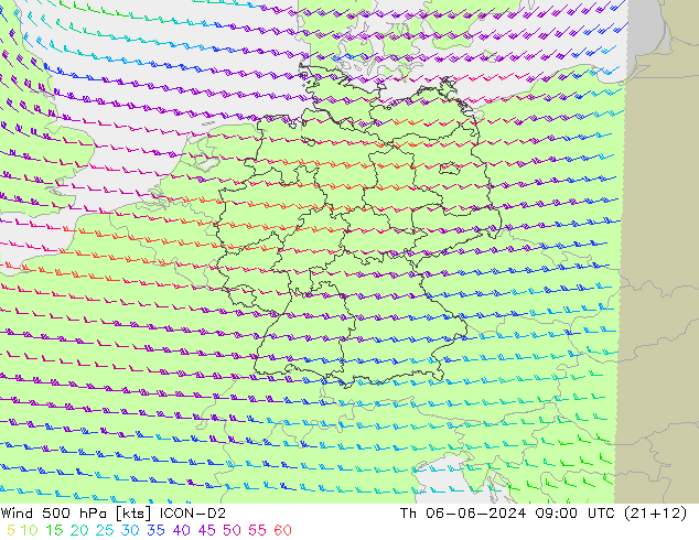 风 500 hPa ICON-D2 星期四 06.06.2024 09 UTC