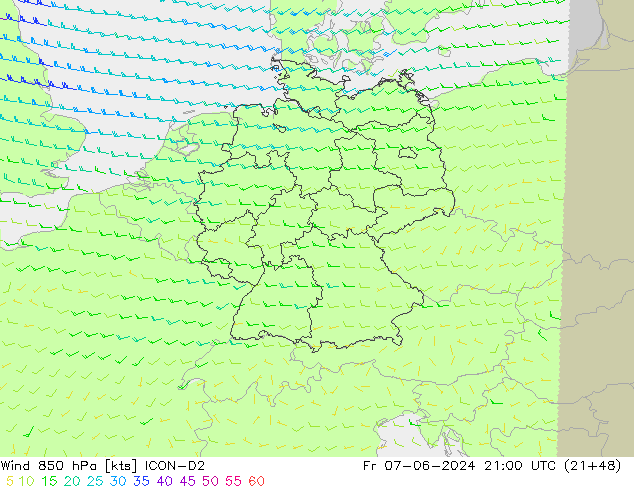 wiatr 850 hPa ICON-D2 pt. 07.06.2024 21 UTC