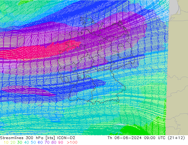 Ligne de courant 300 hPa ICON-D2 jeu 06.06.2024 09 UTC