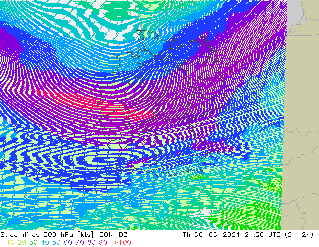 Streamlines 300 hPa ICON-D2 Th 06.06.2024 21 UTC