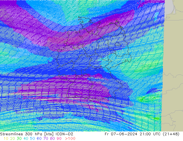 Streamlines 300 hPa ICON-D2 Fr 07.06.2024 21 UTC