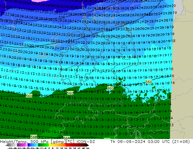 Hoogte/Temp. 500 hPa ICON-D2 do 06.06.2024 03 UTC