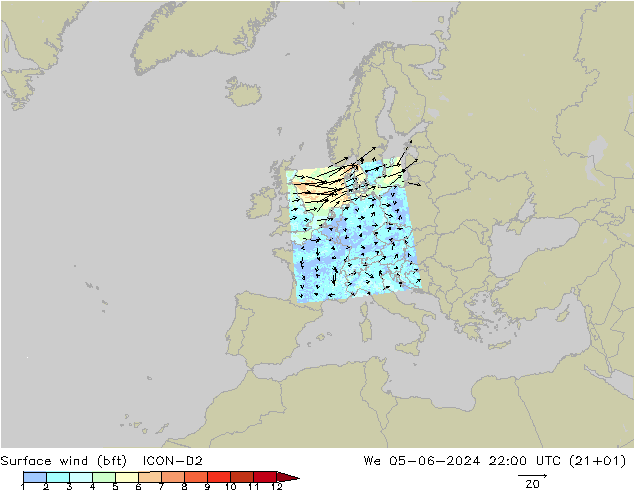 Surface wind (bft) ICON-D2 St 05.06.2024 22 UTC