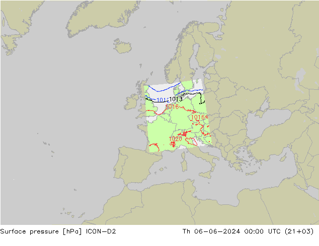 Surface pressure ICON-D2 Th 06.06.2024 00 UTC