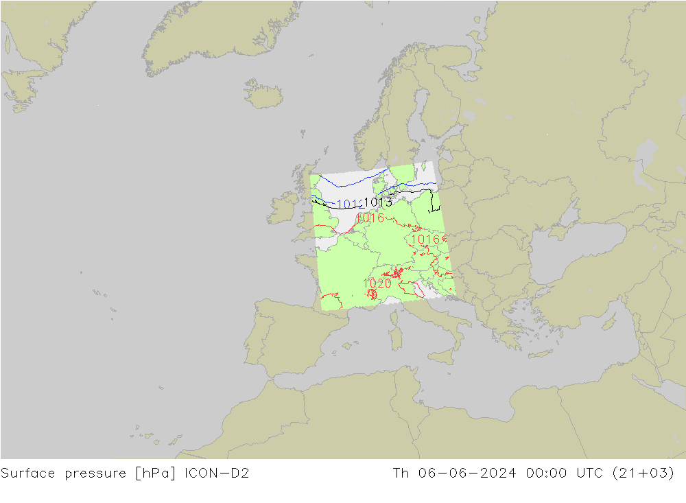 Atmosférický tlak ICON-D2 Čt 06.06.2024 00 UTC