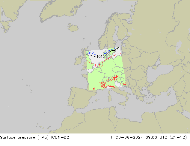 Surface pressure ICON-D2 Th 06.06.2024 09 UTC