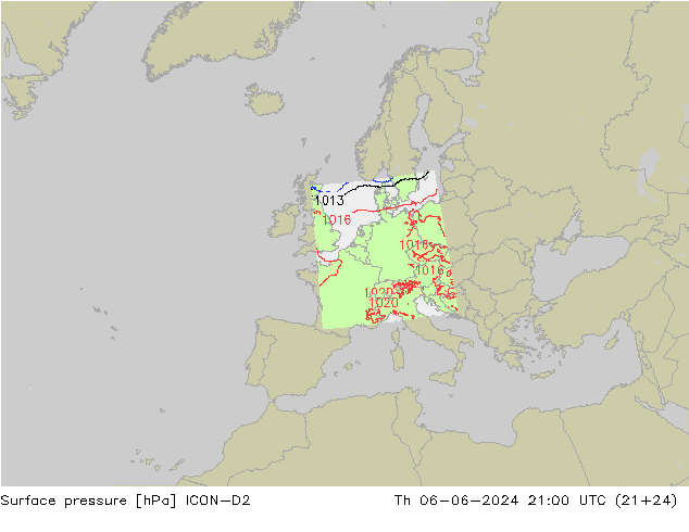 Surface pressure ICON-D2 Th 06.06.2024 21 UTC