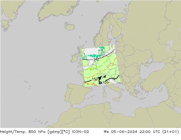 Height/Temp. 850 hPa ICON-D2 We 05.06.2024 22 UTC